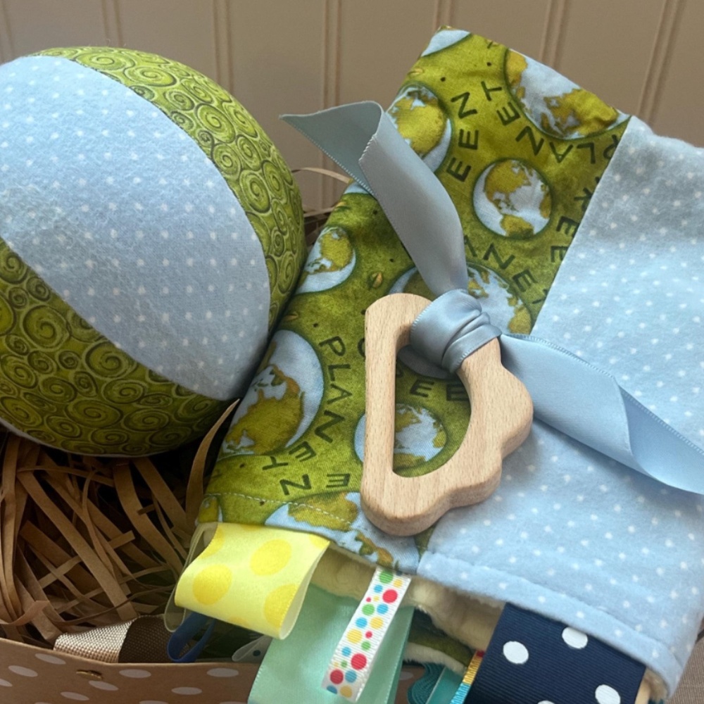 Jingle Ball plushy w/ coordinating sensory blanket handmade wooden teether gift